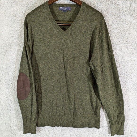 Cremieux Men's Medium Wool Blend Sweater V Neck Leather Elbow Patches green - Picture 1 of 7